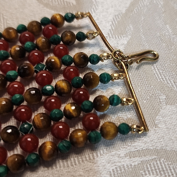VINTAGE 1970s Natural Stone BRACELET – Vein Agate, Malachite, Tiger Eye - Picture 8 of 14